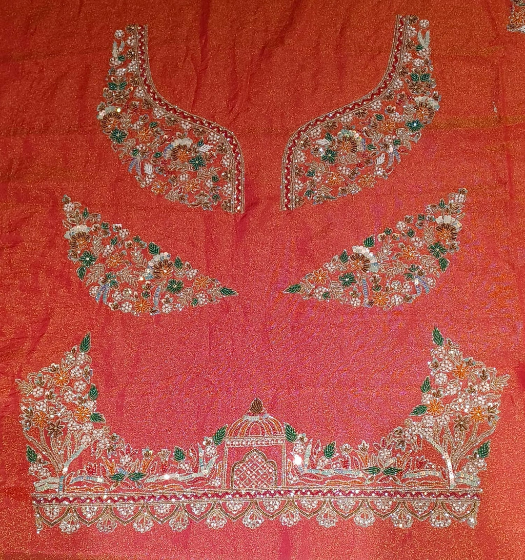 Unstitched Rust-Orange & Crimson Silk Bridal Lehenga with Pichwai Motif Hand Embroidery.