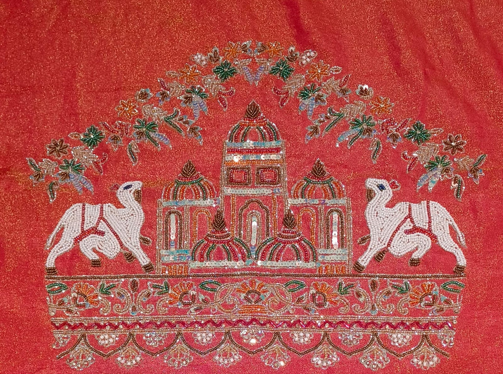 Unstitched Rust-Orange & Crimson Silk Bridal Lehenga with Pichwai Motif Hand Embroidery.