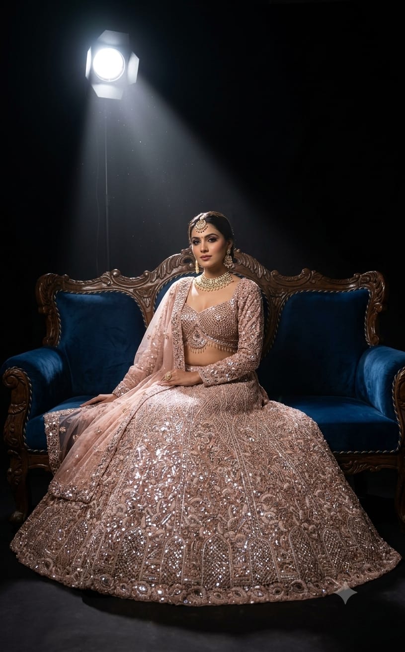 Rose Gold Bridal Lehenga with Heavy Zardozi and Sequin Hand Work.