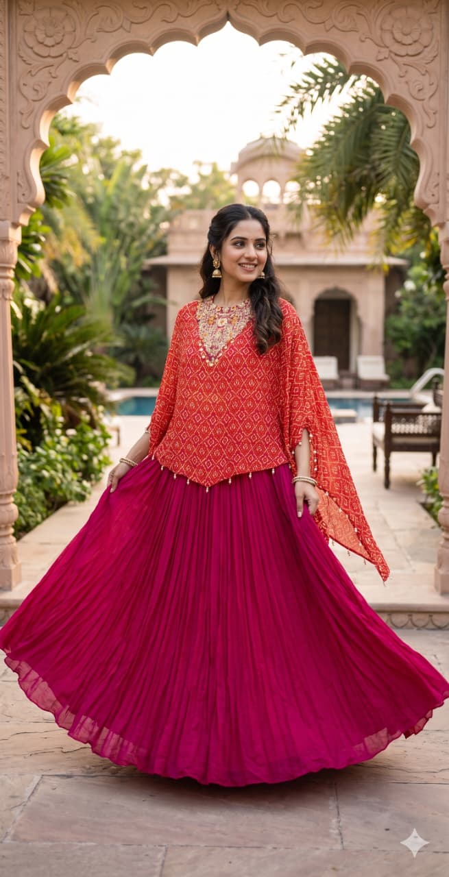 two-piece Georgette Indo-Western fusion ensemble.