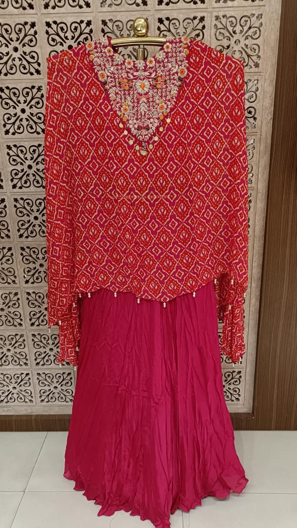 two-piece Georgette Indo-Western fusion ensemble.