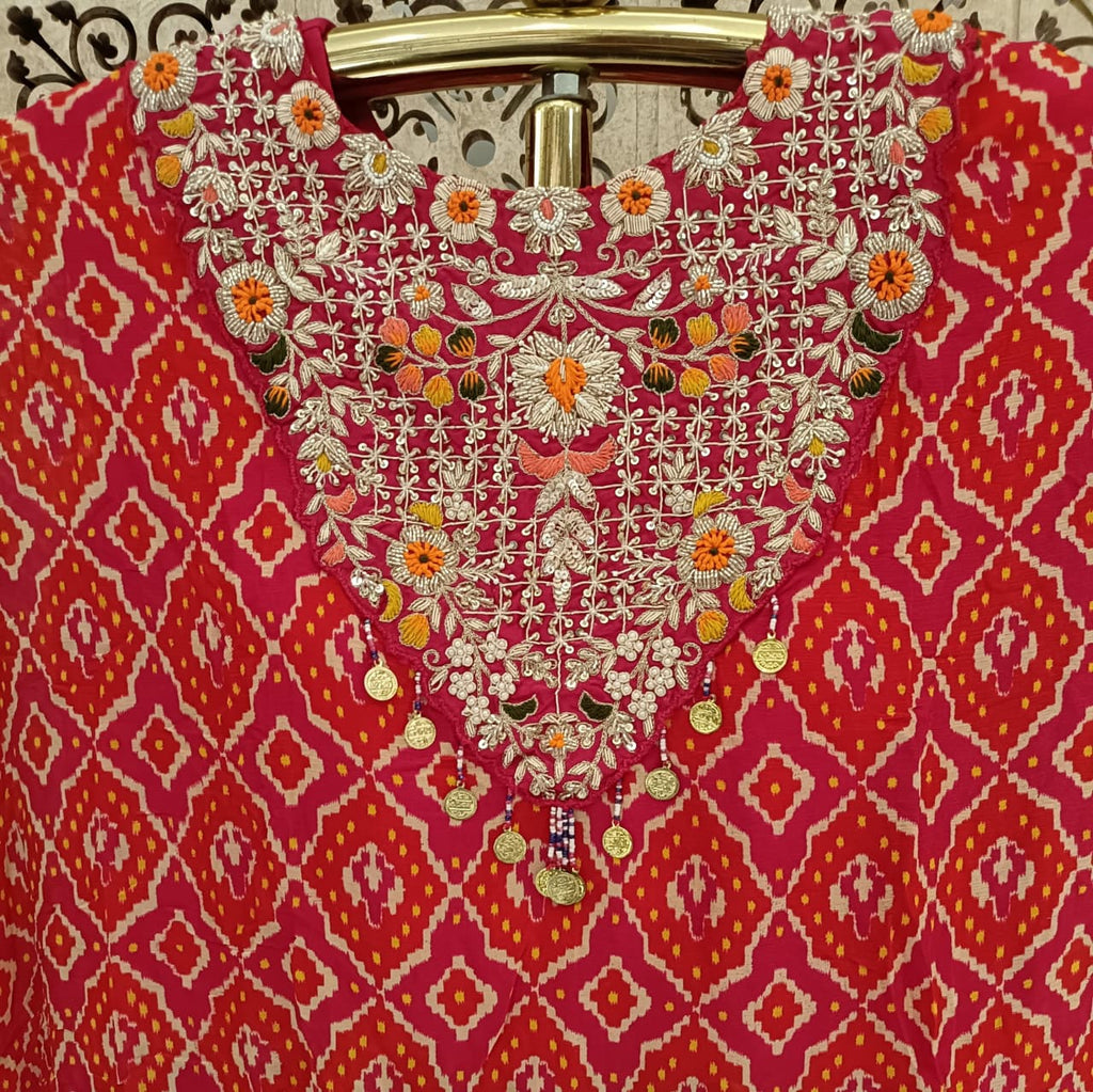 two-piece Georgette Indo-Western fusion ensemble.