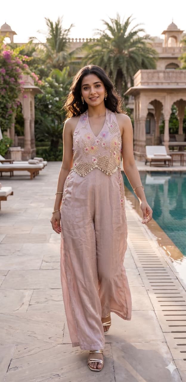 Indo-Western jumpsuit .Perfect for pool parties, mehendi functions, destination weddings, or festive luncheons.