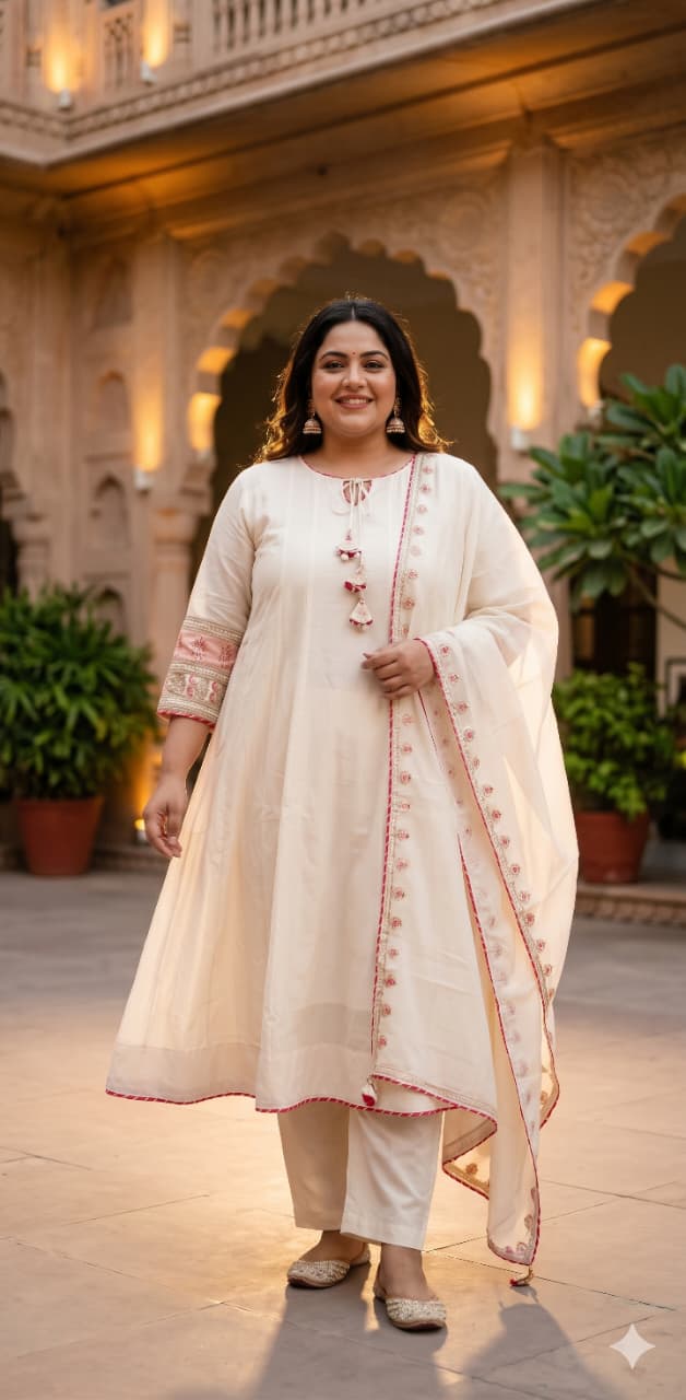 Off White Mul Cotton Anarkali-Style Flared Kurta and Pants Set Plus Size.