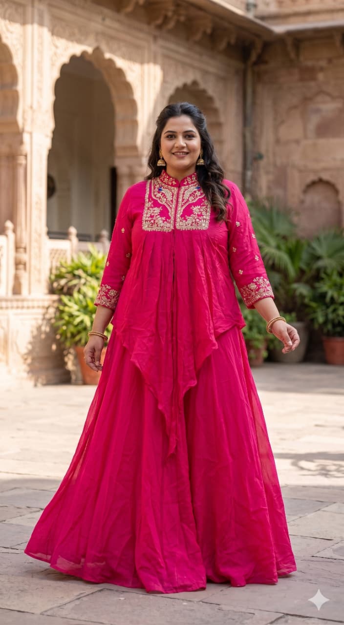 rani pink two-piece Georgette Indo-Western fusion set Plus Size.