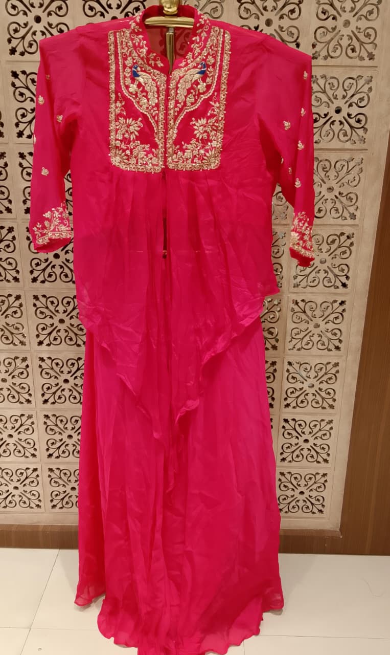 rani pink two-piece Georgette Indo-Western fusion set Plus Size.