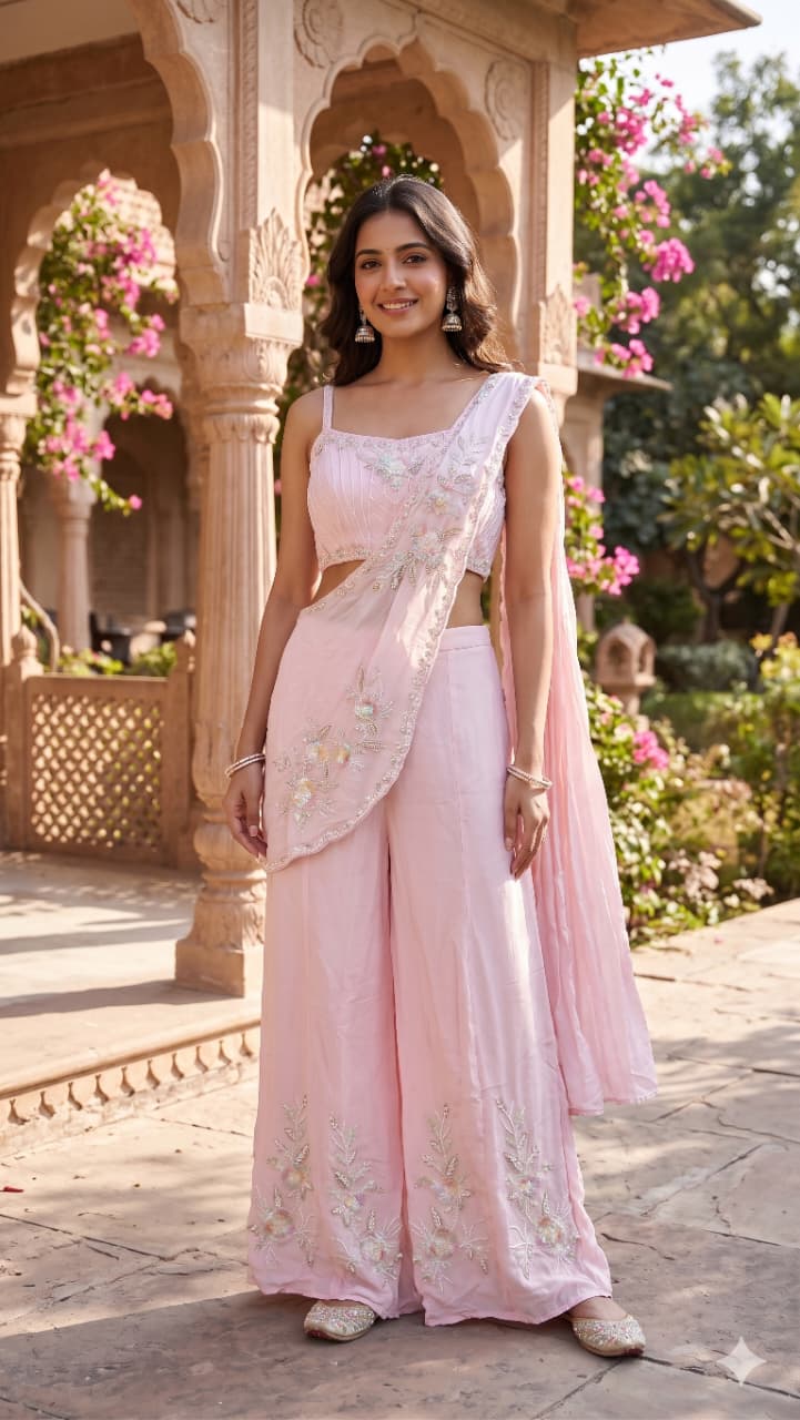 baby pink Georgette Indo-Western co-ord set  floral thread work, sequins, and silver zari embroidery