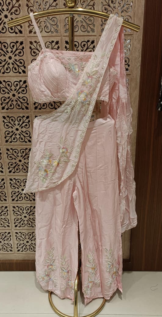 baby pink Georgette Indo-Western co-ord set  floral thread work, sequins, and silver zari embroidery