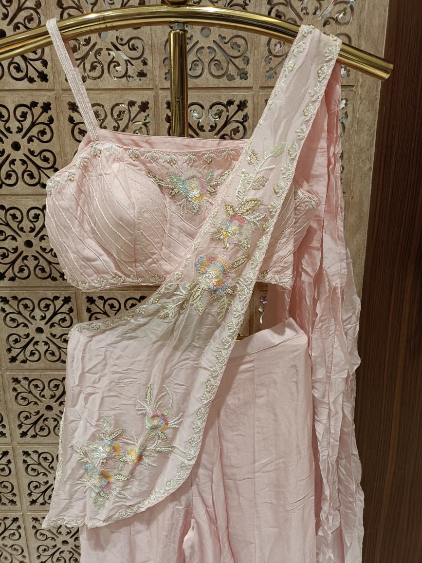 baby pink Georgette Indo-Western co-ord set  floral thread work, sequins, and silver zari embroidery