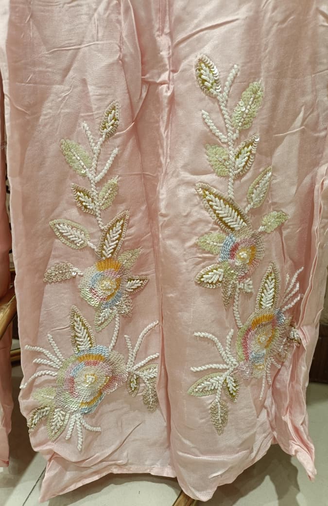 baby pink Georgette Indo-Western co-ord set  floral thread work, sequins, and silver zari embroidery