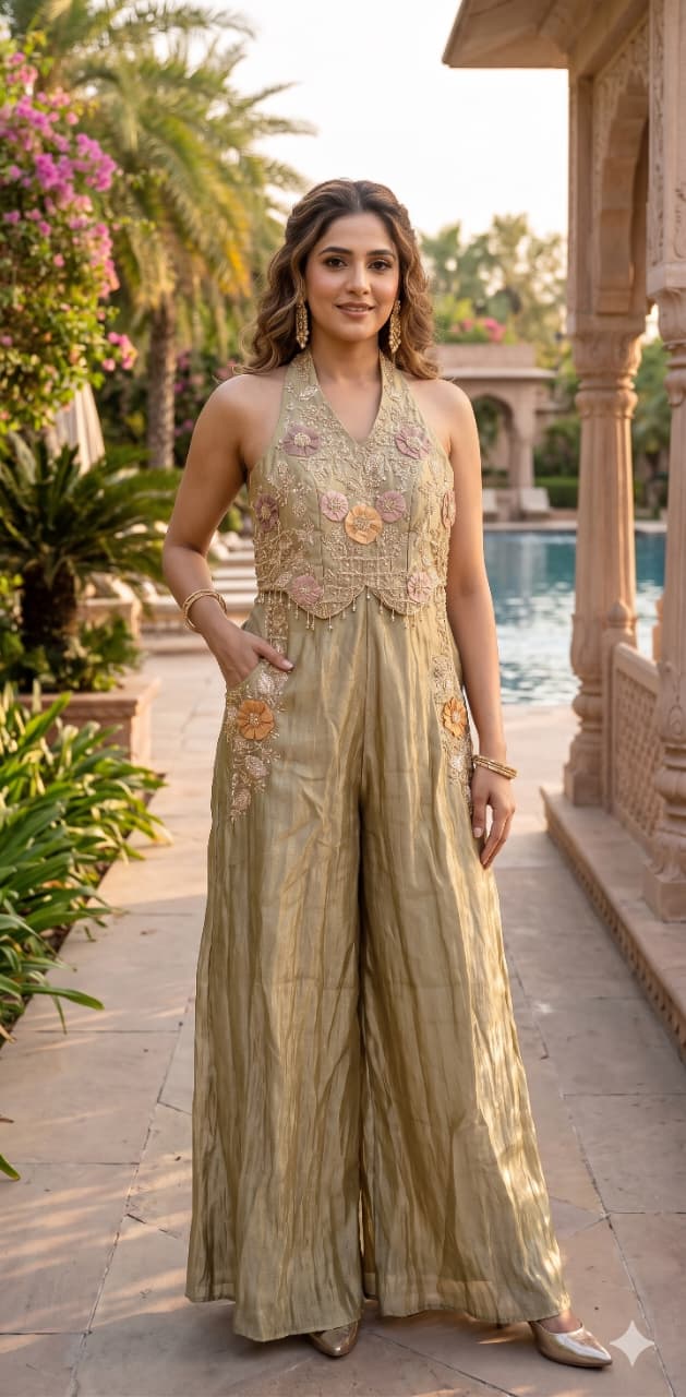 Zari Elegance Halter Neck Embroidered Jumpsuit (or Olive Blossom Festive Jumpsuit)