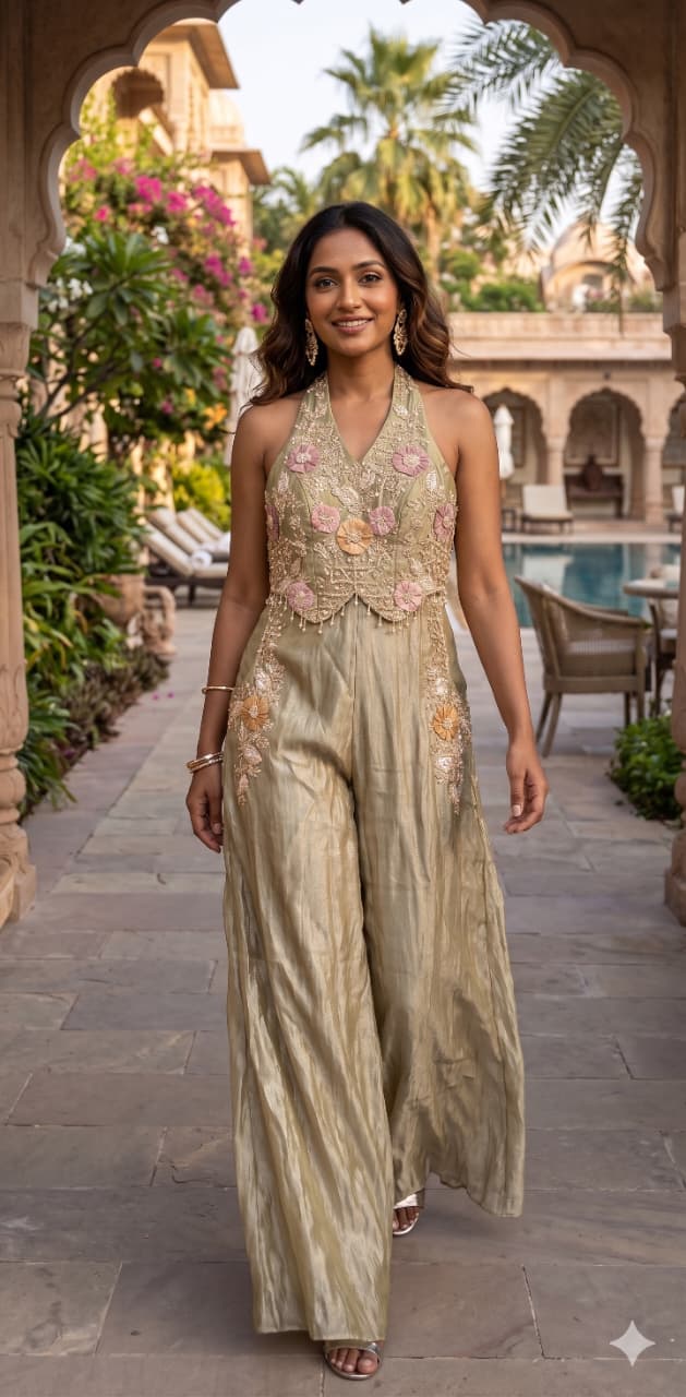 Zari Elegance Halter Neck Embroidered Jumpsuit (or Olive Blossom Festive Jumpsuit)