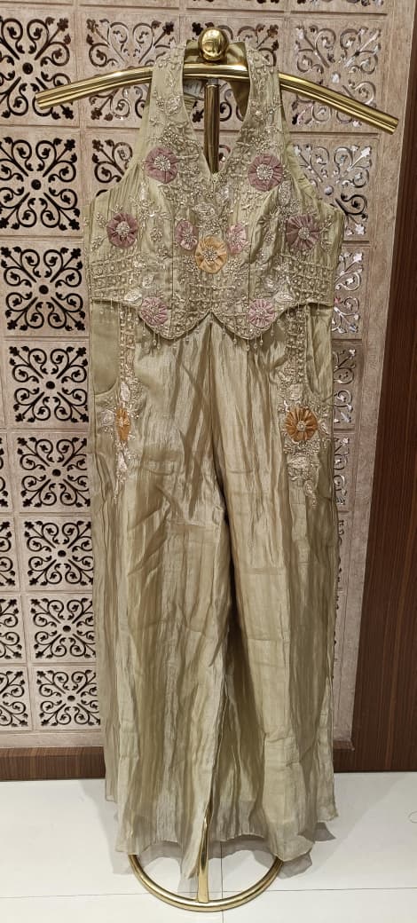 Zari Elegance Halter Neck Embroidered Jumpsuit (or Olive Blossom Festive Jumpsuit)