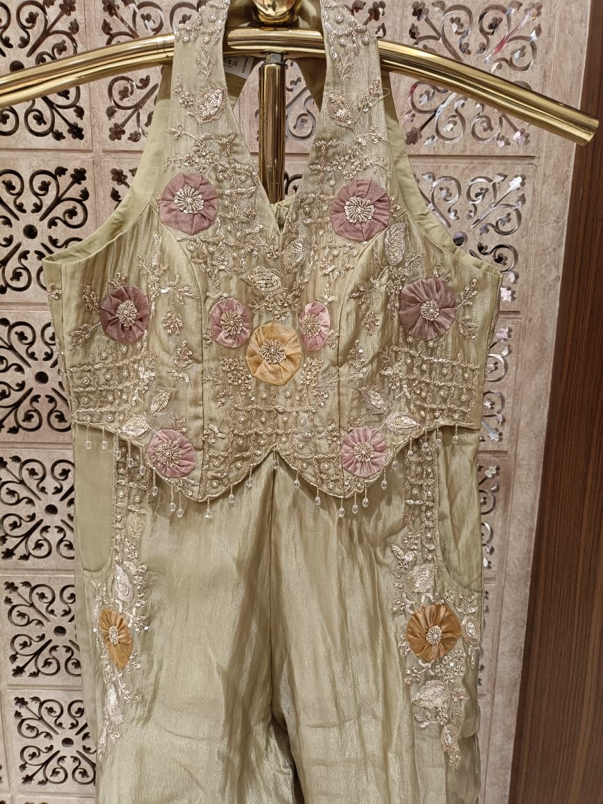 Zari Elegance Halter Neck Embroidered Jumpsuit (or Olive Blossom Festive Jumpsuit)