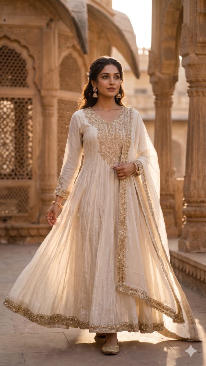 Ivory Simmer Silk Gown with Intricate Zari Embroidery
