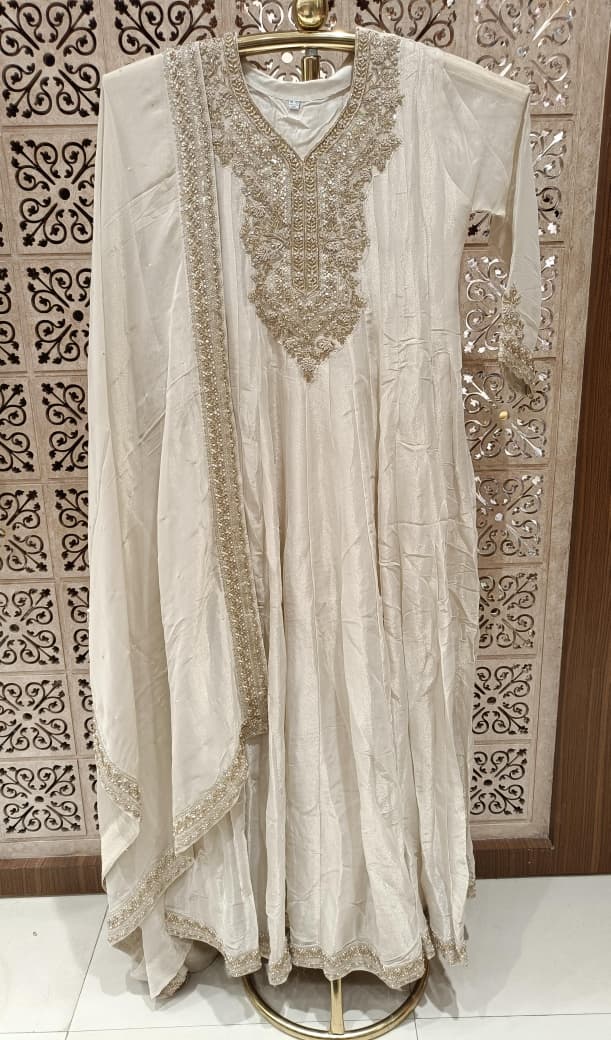 Ivory Simmer Silk Gown with Intricate Zari Embroidery