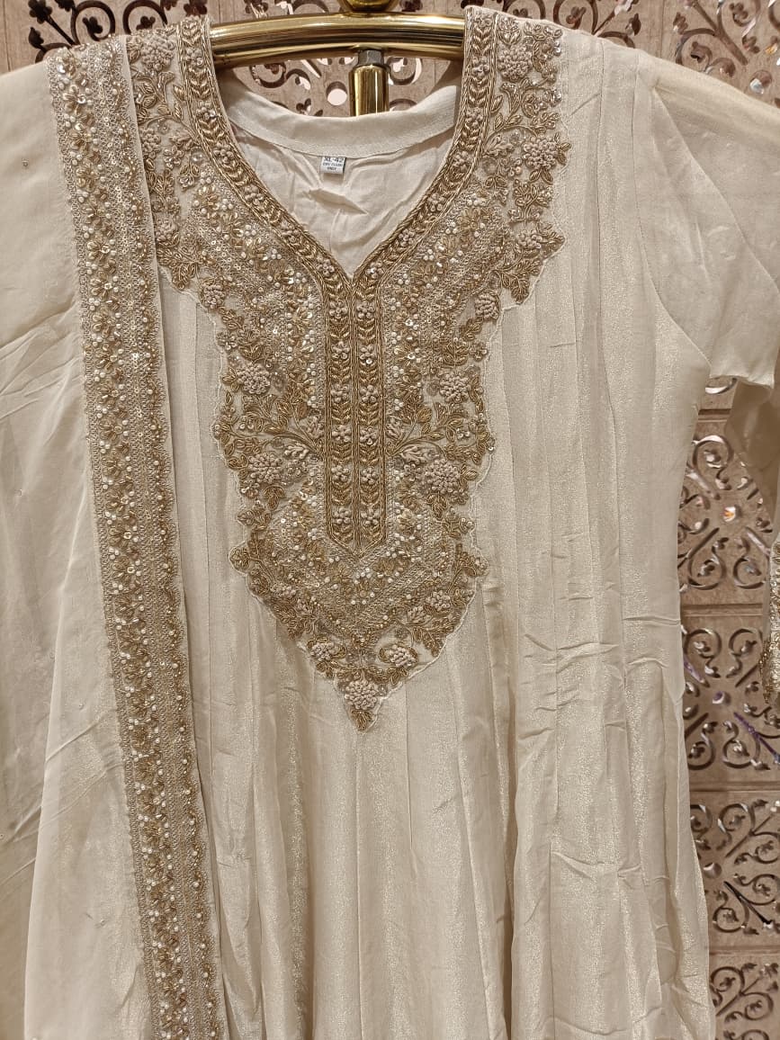 Ivory Simmer Silk Gown with Intricate Zari Embroidery
