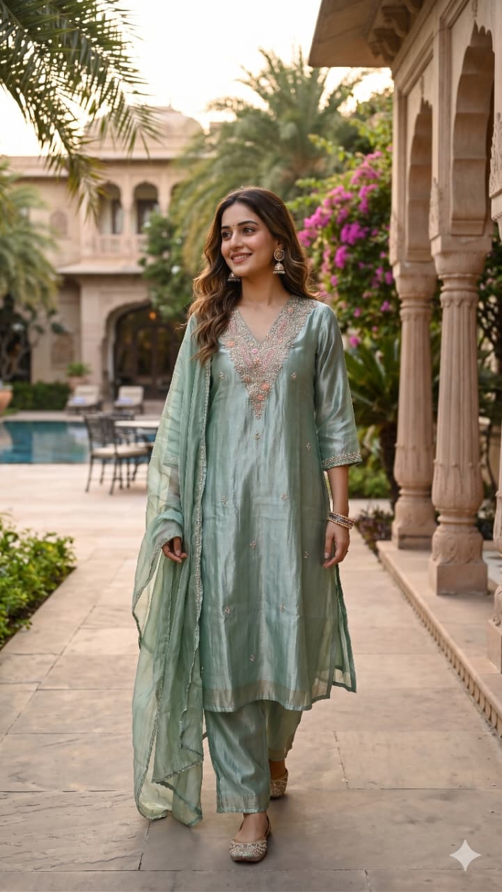 Mint Green Metallic Tissue Kurta Pant Set with Dupatta.