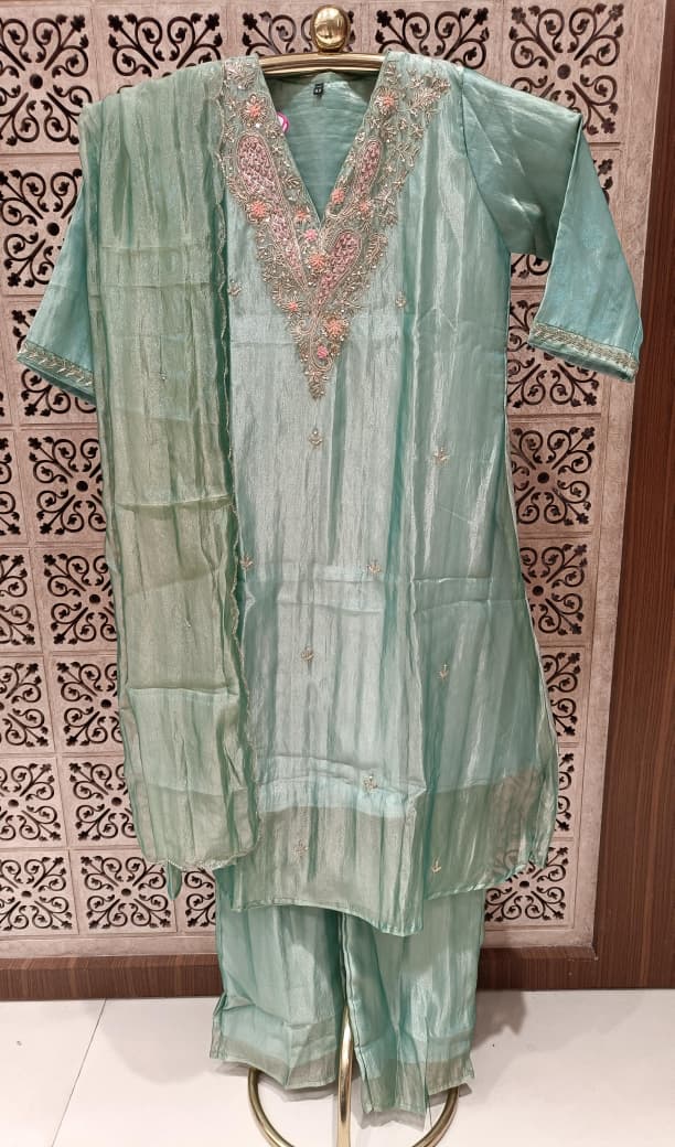 Mint Green Metallic Tissue Kurta Pant Set with Dupatta.