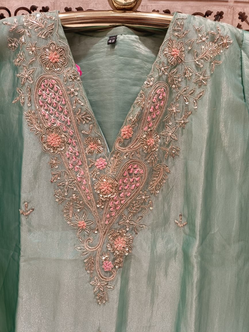 Mint Green Metallic Tissue Kurta Pant Set with Dupatta.
