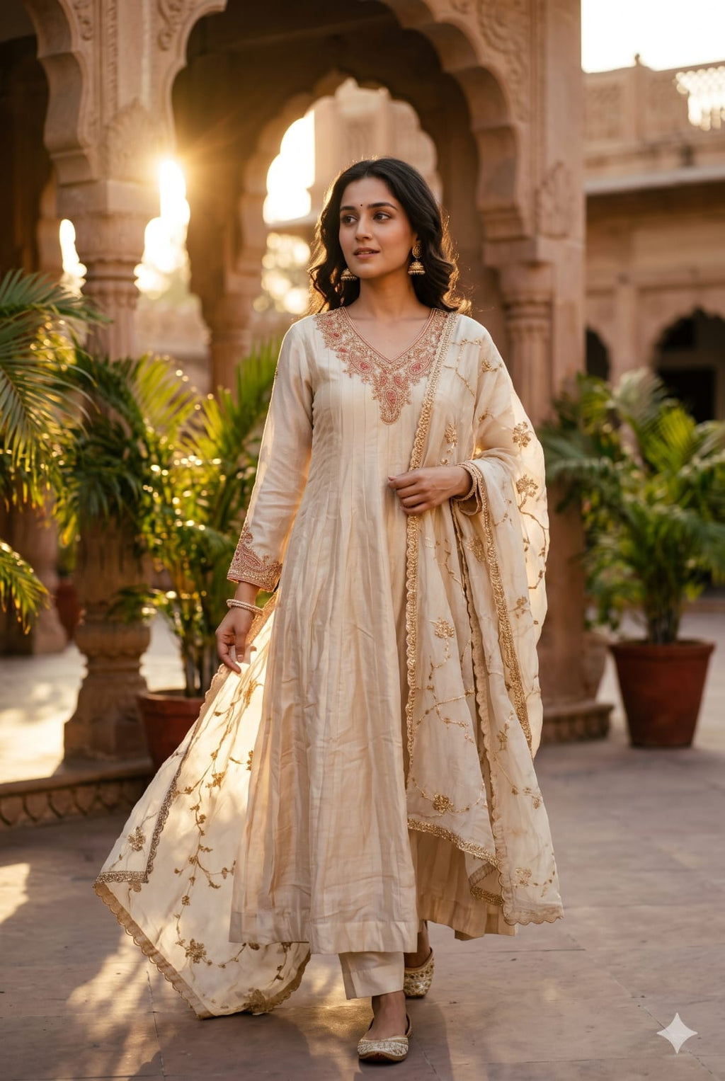 Ivory Cream Pintuck Anarkali Suit Set with Embroidered Dupatta.