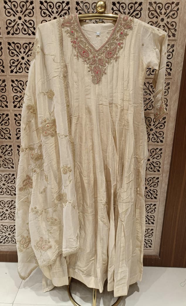 Ivory Cream Pintuck Anarkali Suit Set with Embroidered Dupatta.