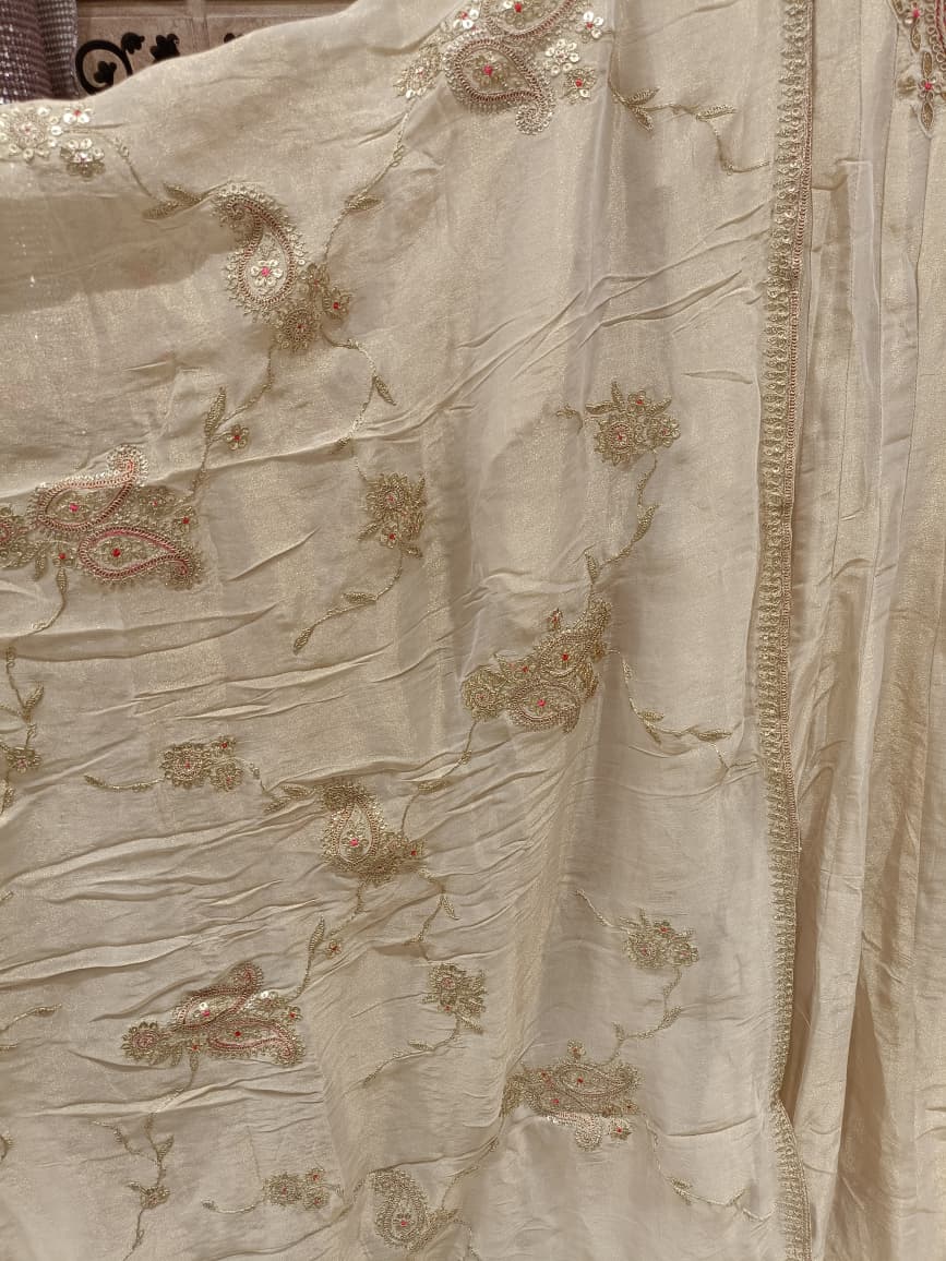 Ivory Cream Pintuck Anarkali Suit Set with Embroidered Dupatta.