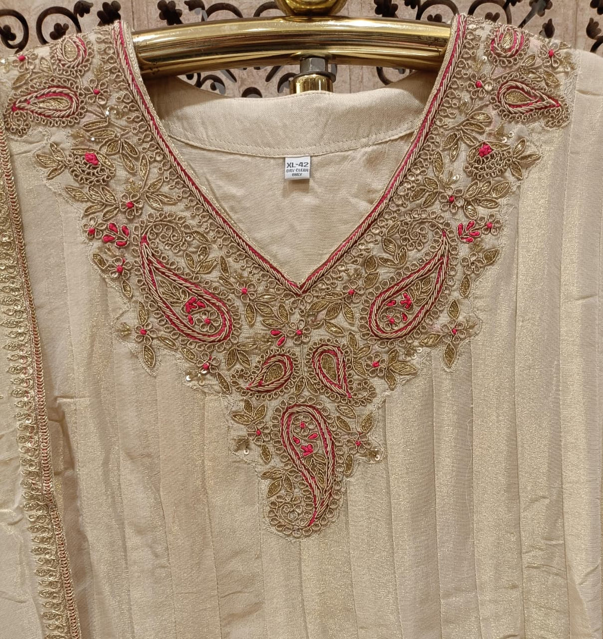 Ivory Cream Pintuck Anarkali Suit Set with Embroidered Dupatta.