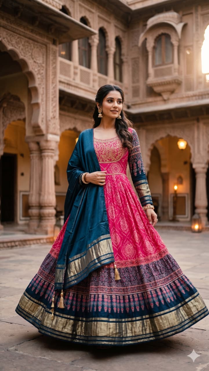Rani Pink Bandhani Print Gown with Teal Blue Dupatta