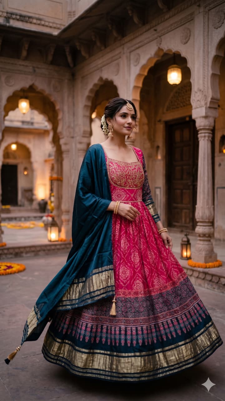 Rani Pink Bandhani Print Gown with Teal Blue Dupatta