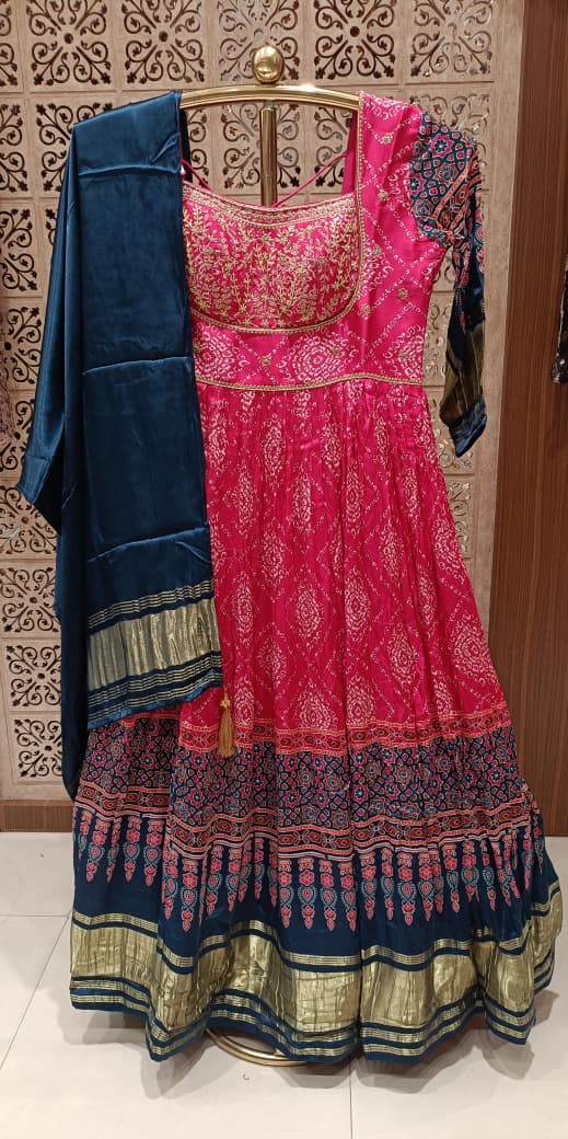 Rani Pink Bandhani Print Gown with Teal Blue Dupatta