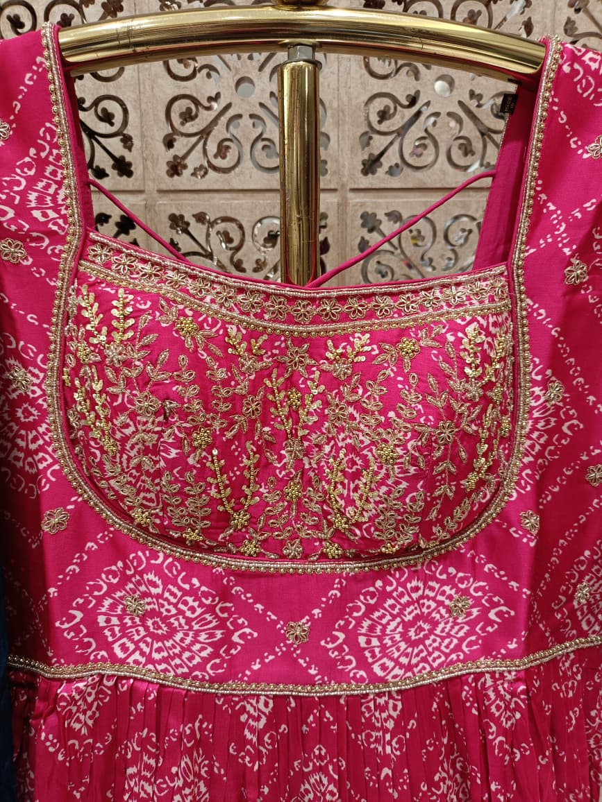 Rani Pink Bandhani Print Gown with Teal Blue Dupatta