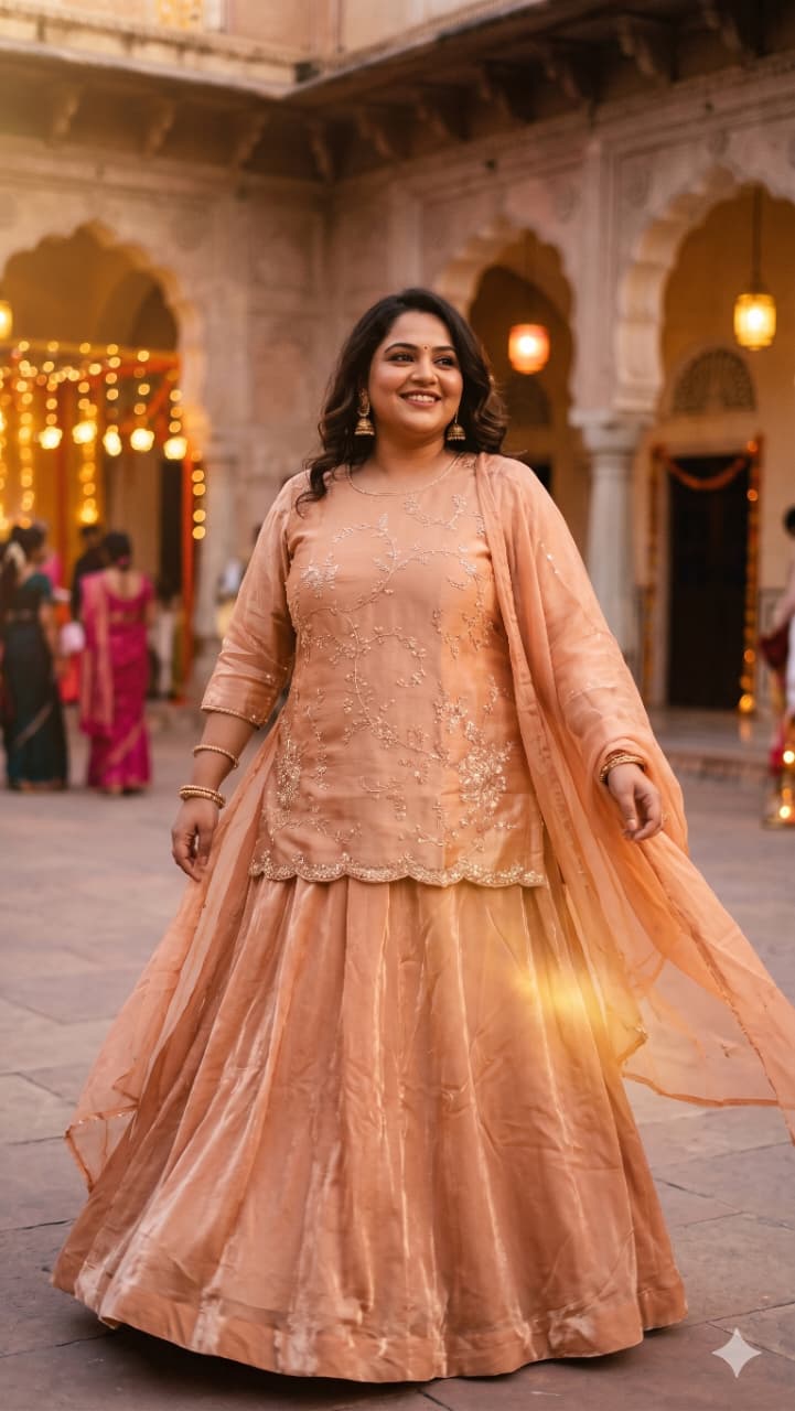Rose Gold Tissue Kurta Skirt Set with Embroidered Dupatta Plus Size.