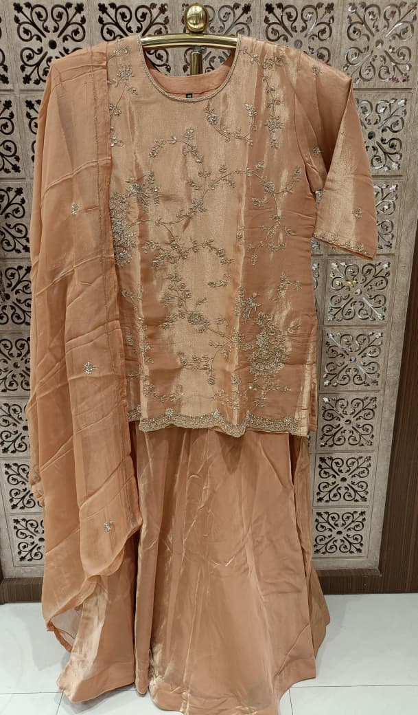 Rose Gold Tissue Kurta Skirt Set with Embroidered Dupatta Plus Size.