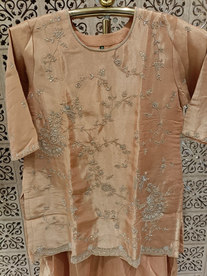 Rose Gold Tissue Kurta Skirt Set with Embroidered Dupatta Plus Size.