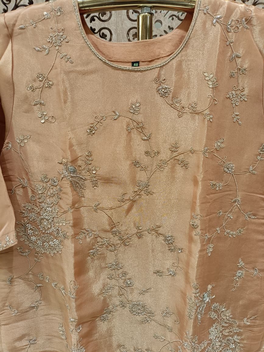 Rose Gold Tissue Kurta Skirt Set with Embroidered Dupatta Plus Size.