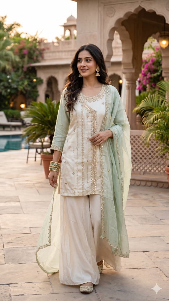 Ivory & Mint Green Simmer Silk  Asymmetric Kurta Palazzo Set with Dupatta
