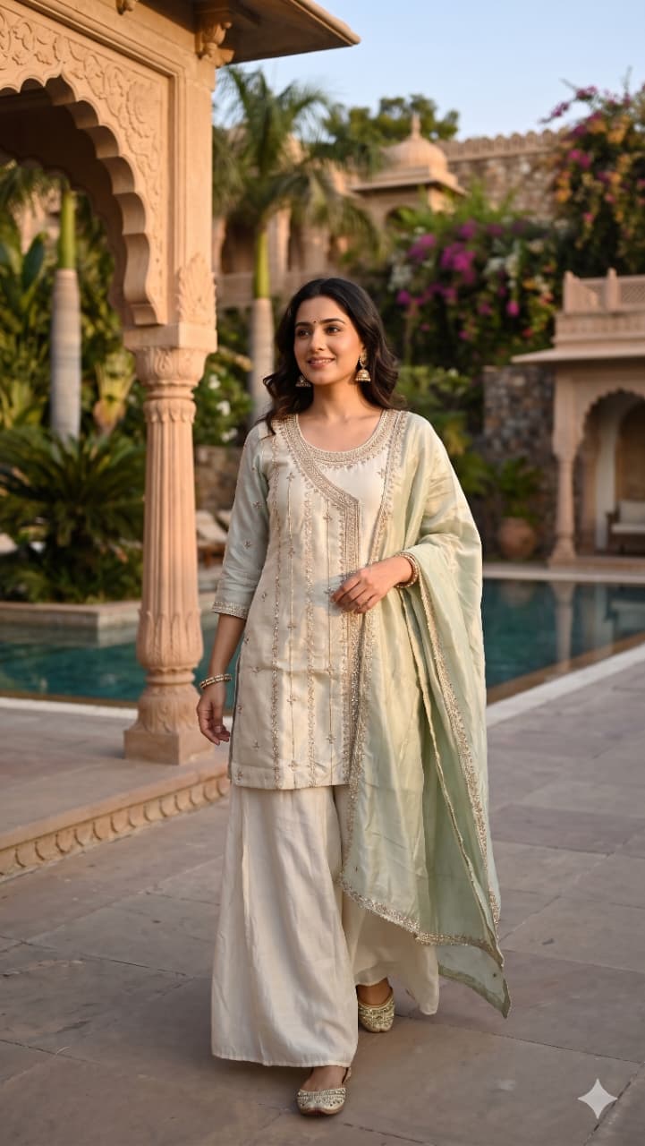 Ivory & Mint Green Simmer Silk  Asymmetric Kurta Palazzo Set with Dupatta