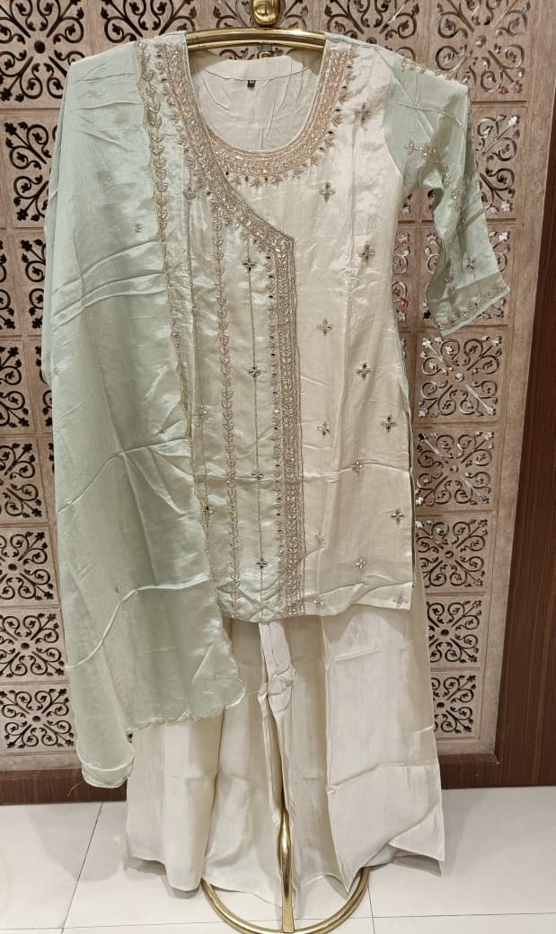 Ivory & Mint Green Simmer Silk  Asymmetric Kurta Palazzo Set with Dupatta