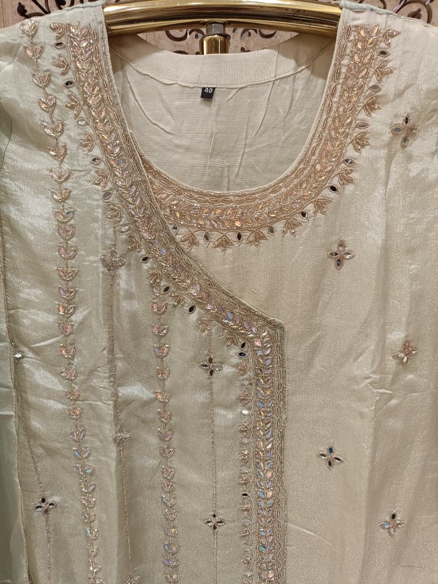 Ivory & Mint Green Simmer Silk  Asymmetric Kurta Palazzo Set with Dupatta