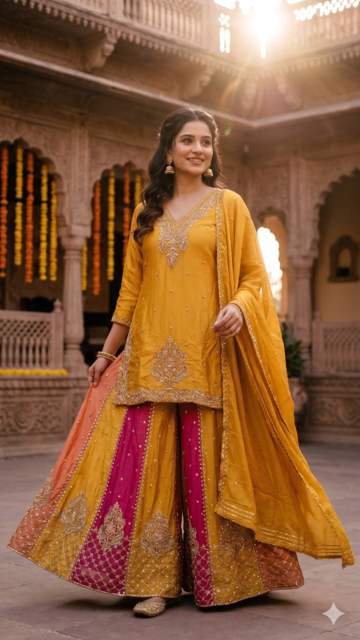 Mustard Yellow & Rani Pink Embroidered Georgette Palazzo Suit Set.