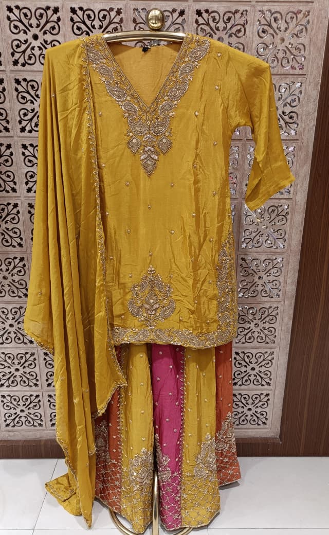 Mustard Yellow & Rani Pink Embroidered Georgette Palazzo Suit Set.