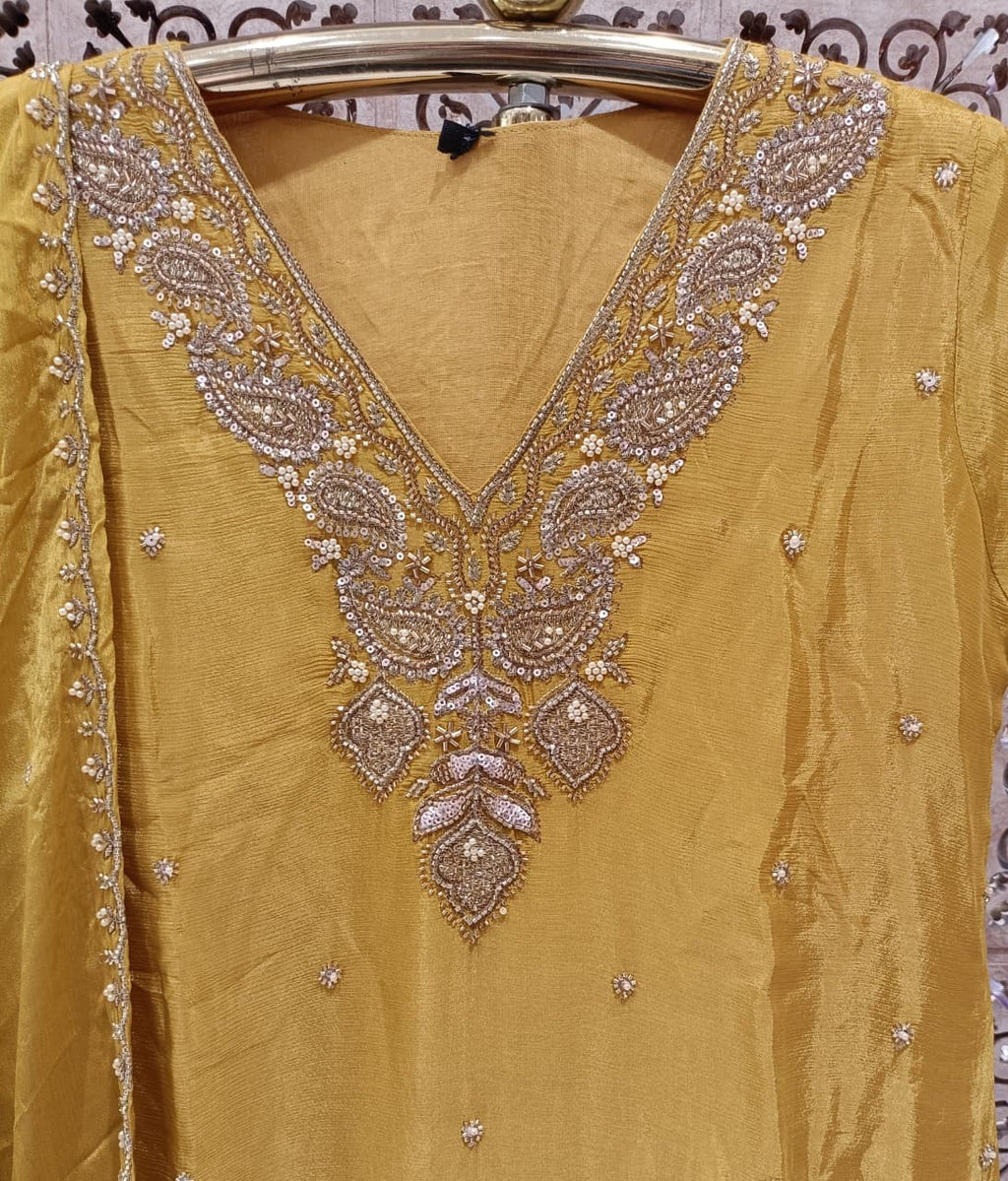 Mustard Yellow & Rani Pink Embroidered Georgette Palazzo Suit Set.