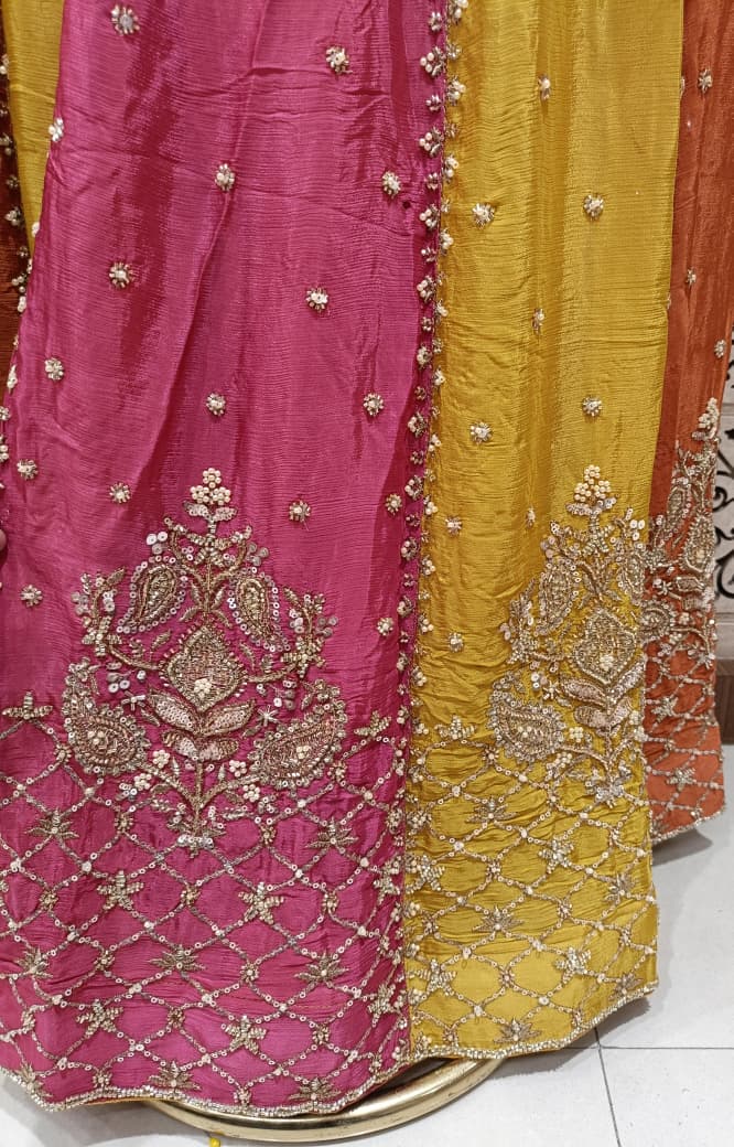 Mustard Yellow & Rani Pink Embroidered Georgette Palazzo Suit Set.