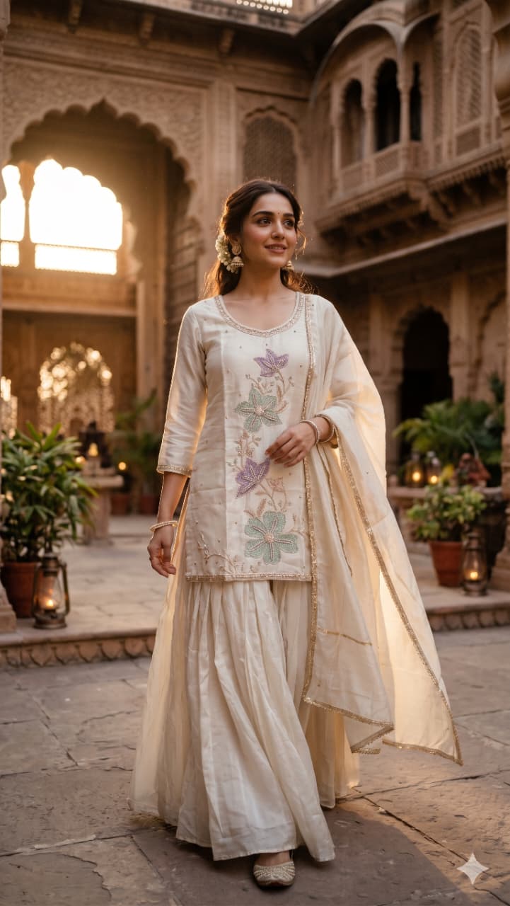 Elegant Ivory Floral Embroidered Simmer Silk Palazzo Suit Set.