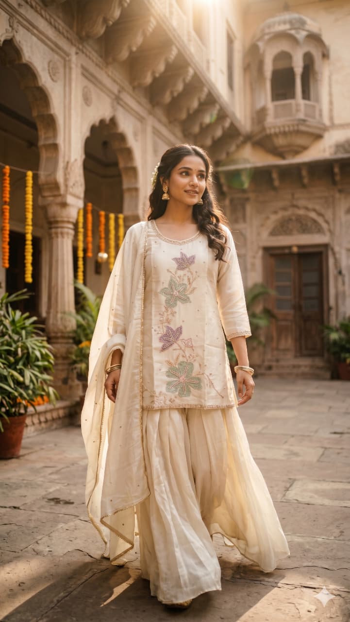 Elegant Ivory Floral Embroidered Simmer Silk Palazzo Suit Set.