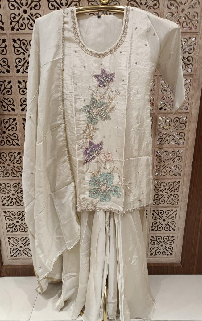 Elegant Ivory Floral Embroidered Simmer Silk Palazzo Suit Set.