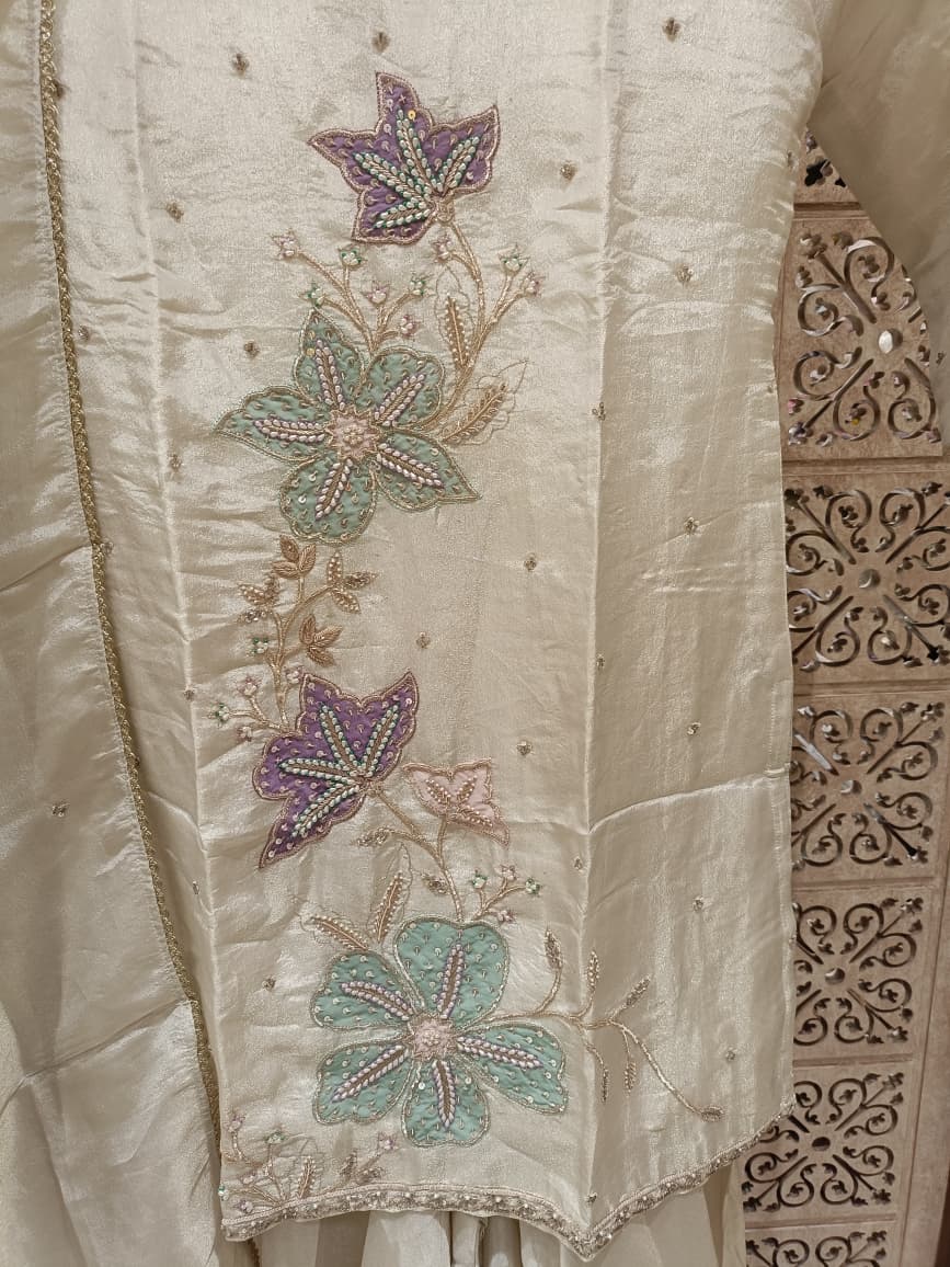 Elegant Ivory Floral Embroidered Simmer Silk Palazzo Suit Set.