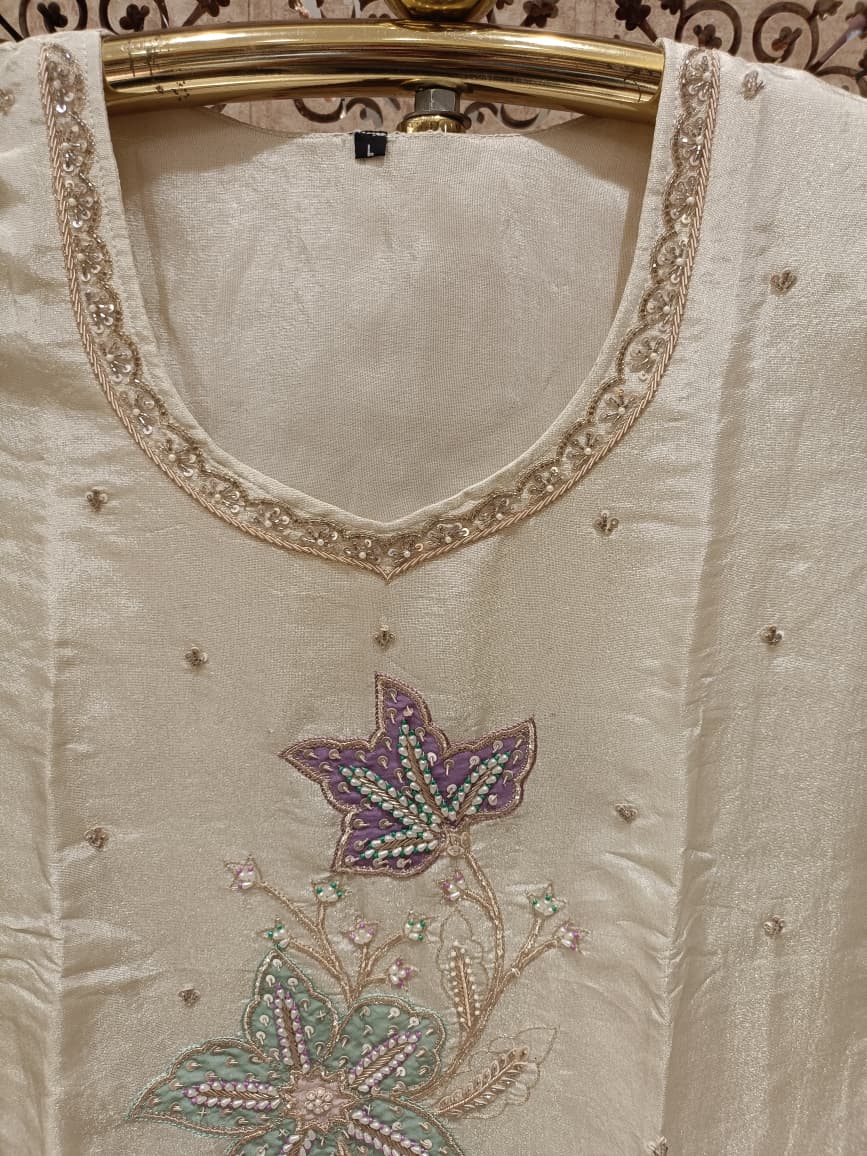 Elegant Ivory Floral Embroidered Simmer Silk Palazzo Suit Set.