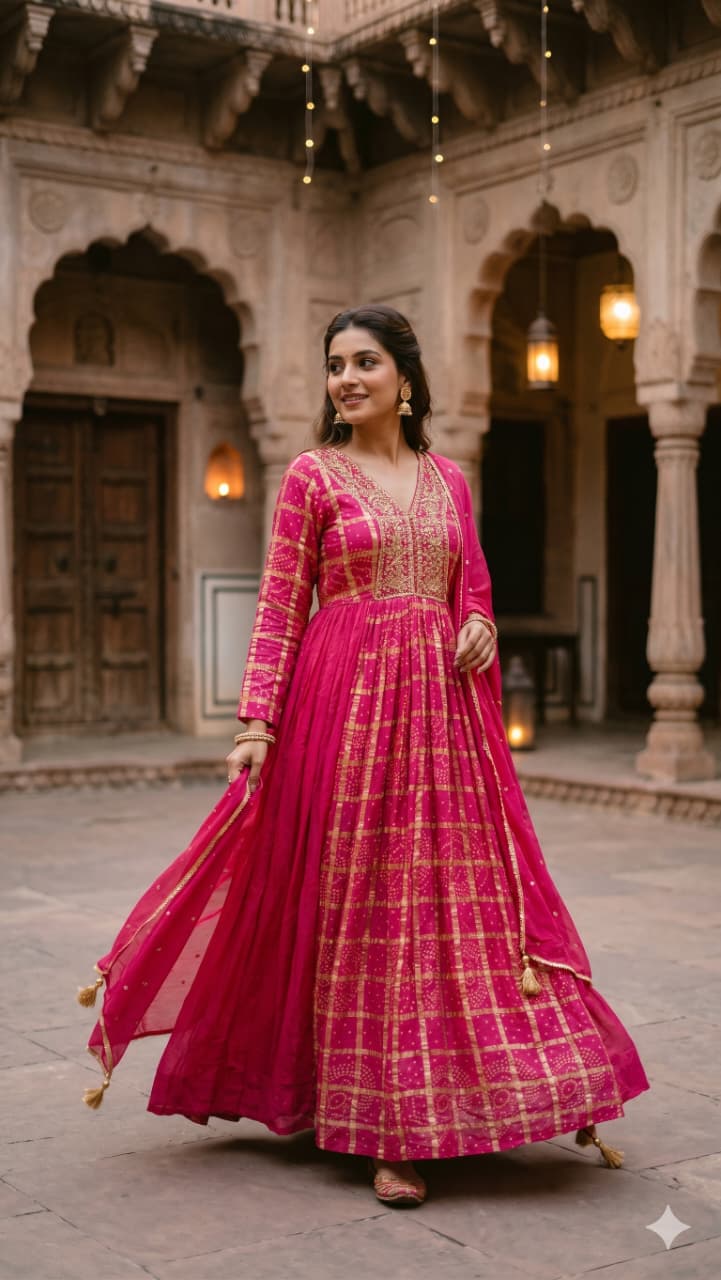 Rani Pink Bandhani & Checkered Flared Georgette Gown With Duppata.